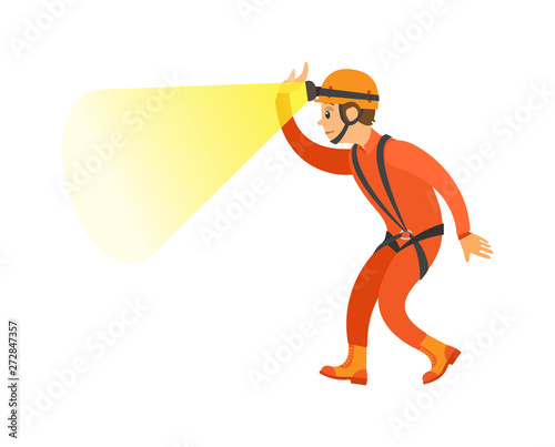Man wearing helmet with light, male in orange suit with insurance, side and full length view of person, element of extreme or dangerous activity vector