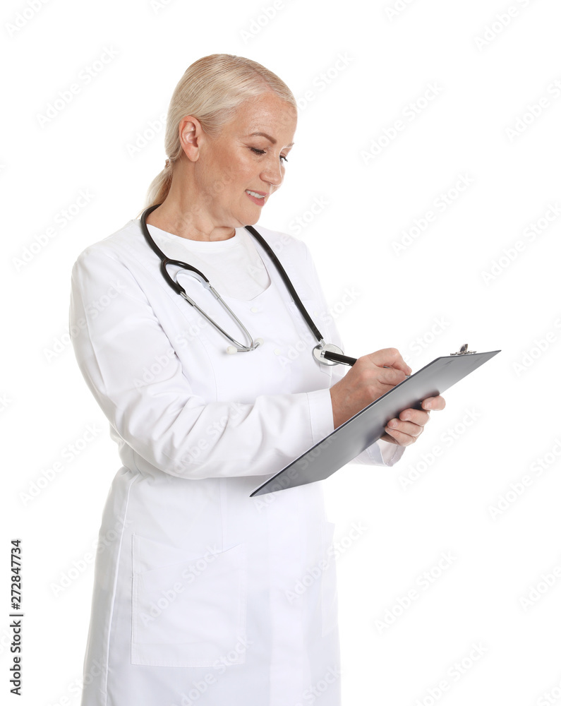 Portrait of female doctor with clipboard isolated on white. Medical staff Portrait of female doctor with clipboard isolated on white. Medical staff