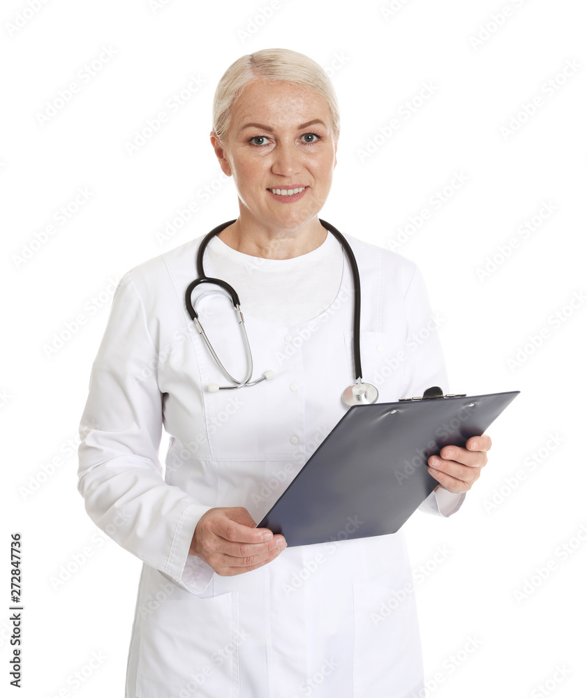 Portrait of female doctor with clipboard isolated on white. Medical staff