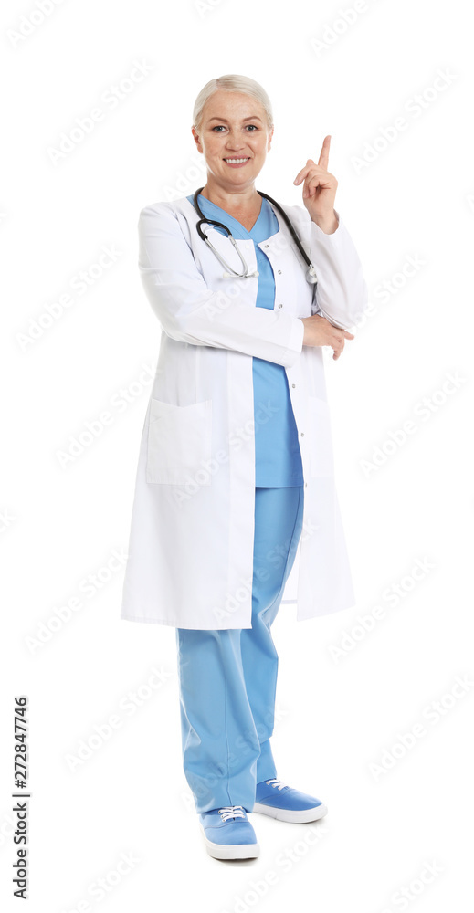 Full length portrait of female doctor isolated on white. Medical staff Full length portrait of female doctor isolated on white. Medical staff