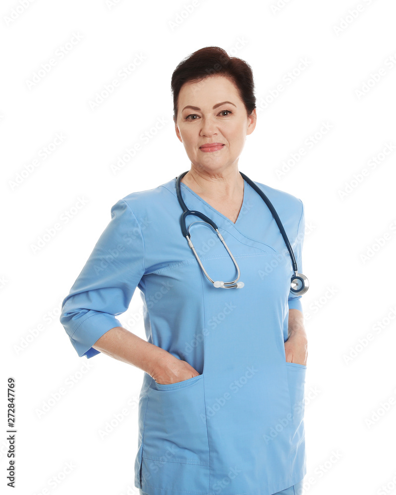 Portrait of female doctor in scrubs isolated on white. Medical staff Portrait of female doctor in scrubs isolated on white. Medical staff
