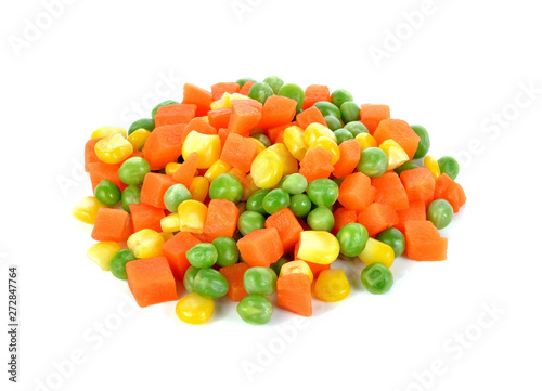 Mix of vegetable containing carrots, peas, and corn on white background
