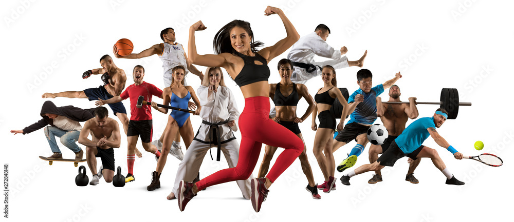 Sport collage. Tennis, soccer, taekwondo, fitness, bodybuilding, MMA fighter and basketball players