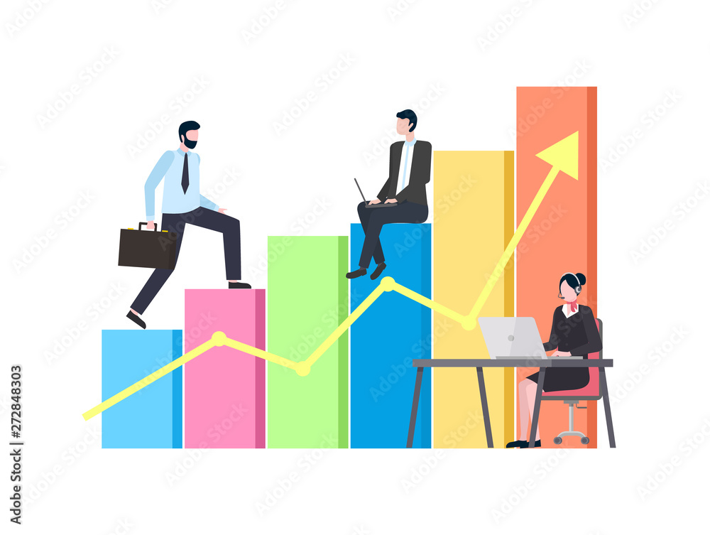 Person walking up infographics vector, man carrying briefcase and employees working on leader. Secretary sitting by table typing on laptop and coder Person walking up infographics vector, man carrying briefcase and employees working on leader. Secretary sitting by table typing on laptop and coder
