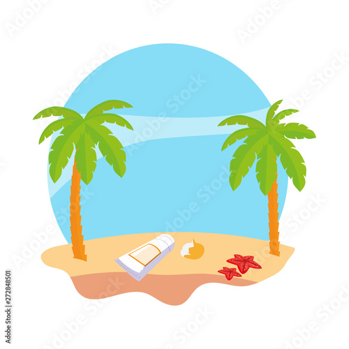 summer beach with palms and solar blocker scene