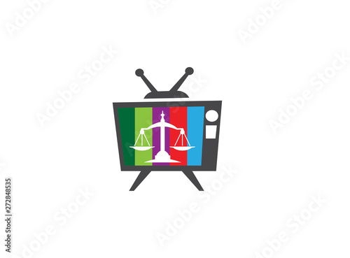 Balance symbol scales logo design illustration, law symbol in an old tv shape multicolor icon