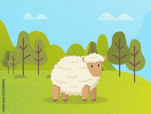 Sheep standing on green grass vector cartoon animal on background of green trees. Vector ewe in spring forest, cute curly childish mutton outdoors