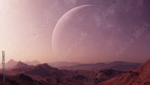 3d rendered Space Art: Alien Planet - A Fantasy Landscape with purple skies