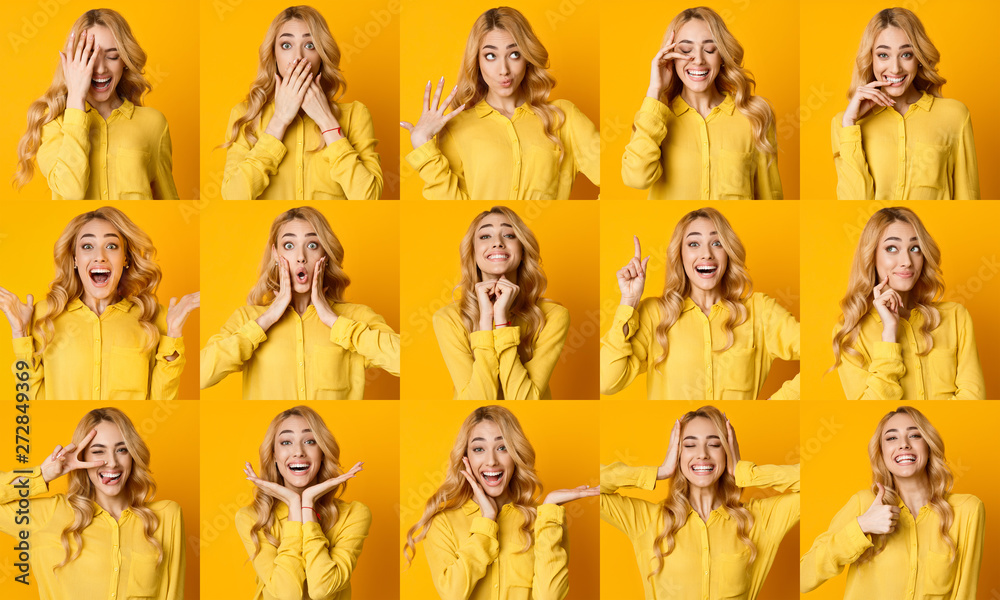 Different Emotions Collage. Set Of Girl Emotional Portraits Different Emotions Collage. Set Of Girl Emotional Portraits
