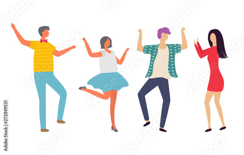 Man and woman dancing in pair, people moving together, holding each other, female rising hands, character on dance floor, full length view of dancer vector