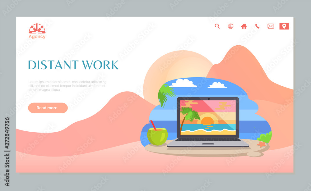 Distant work webpage decorated by opening laptop with sunset image, cocktail and palm tree, wireless device and starfish on sand, summertime vector. Website template, landing page flat style Distant work webpage decorated by opening laptop with sunset image, cocktail and palm tree, wireless device and starfish on sand, summertime vector. Website template, landing page flat style