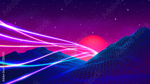 80s synthwave styled landscape with laser neon lines or traces over blue grid mountains and sun over canyon