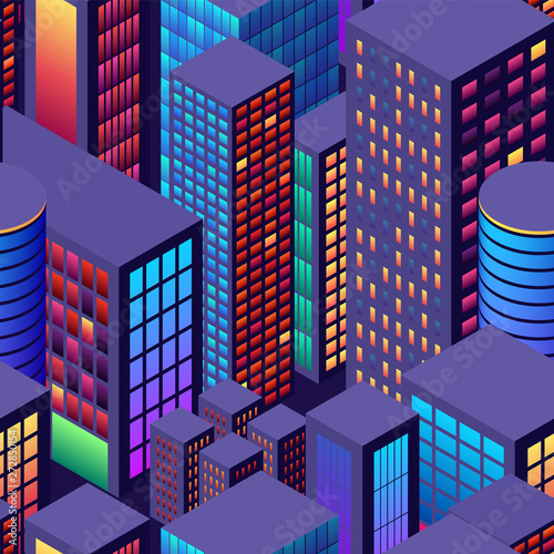 City seamless pattern view with isometric perspective and vibrant neon colors for backgrounds