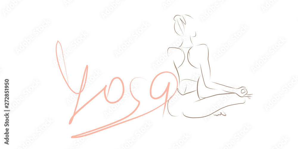 Young woman in Lotus position, yoga, handwritten text. Sketch, vector Young woman in Lotus position, yoga, handwritten text. Sketch, vector