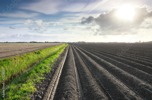 sunshine in Dutch farmland over plowed field