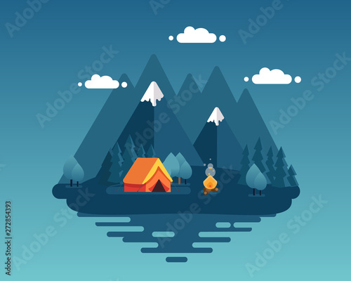 Carta da parati Night landscape illustration with tent, campfire, mountains, forest and water