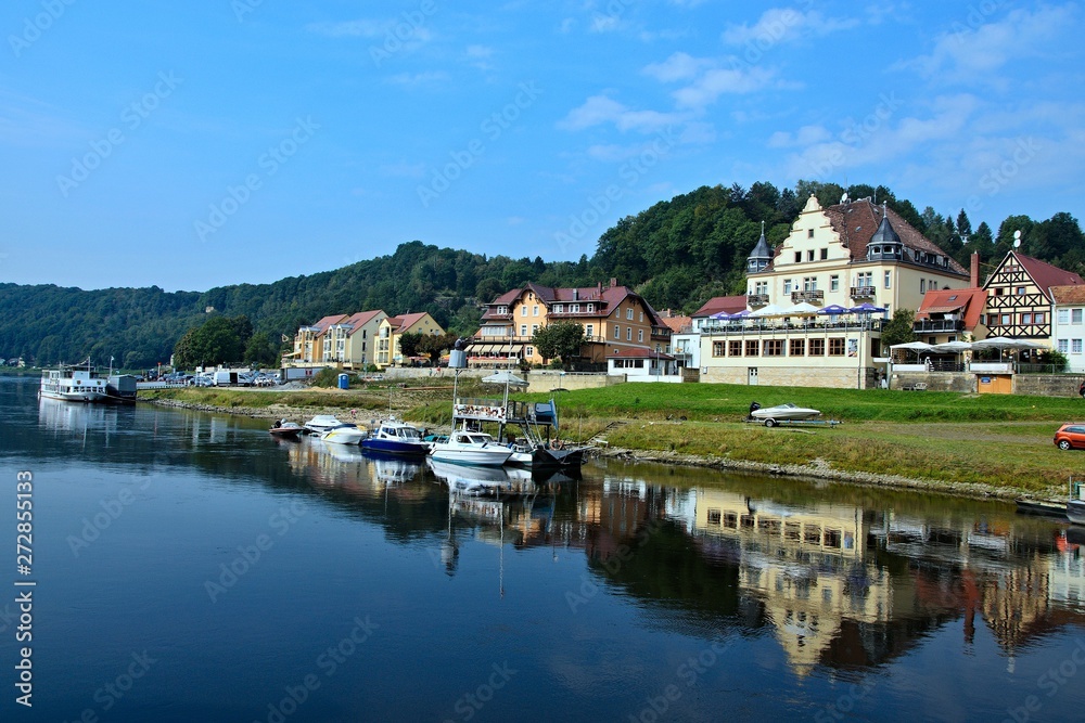 Germany-view of the town Stadt Wehlen from boat