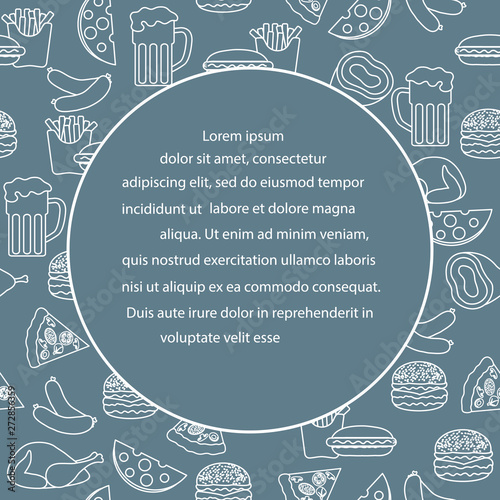 Beer, different types of food and fast food.