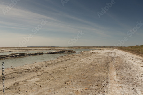 The dried-up Aral sea in summer  the water crisis on the planet and the concept of climate change