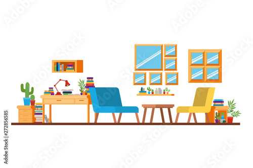 living room with desk and books