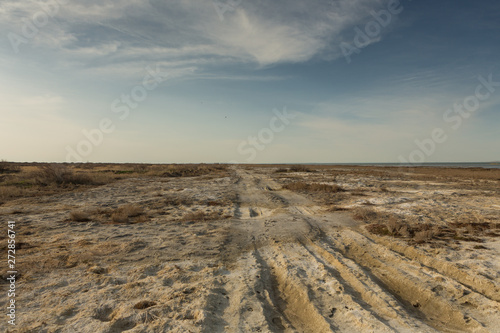 Consequences of Aral sea catastrophe. Sandy salt desert on the place of former bottom of Aral sea.