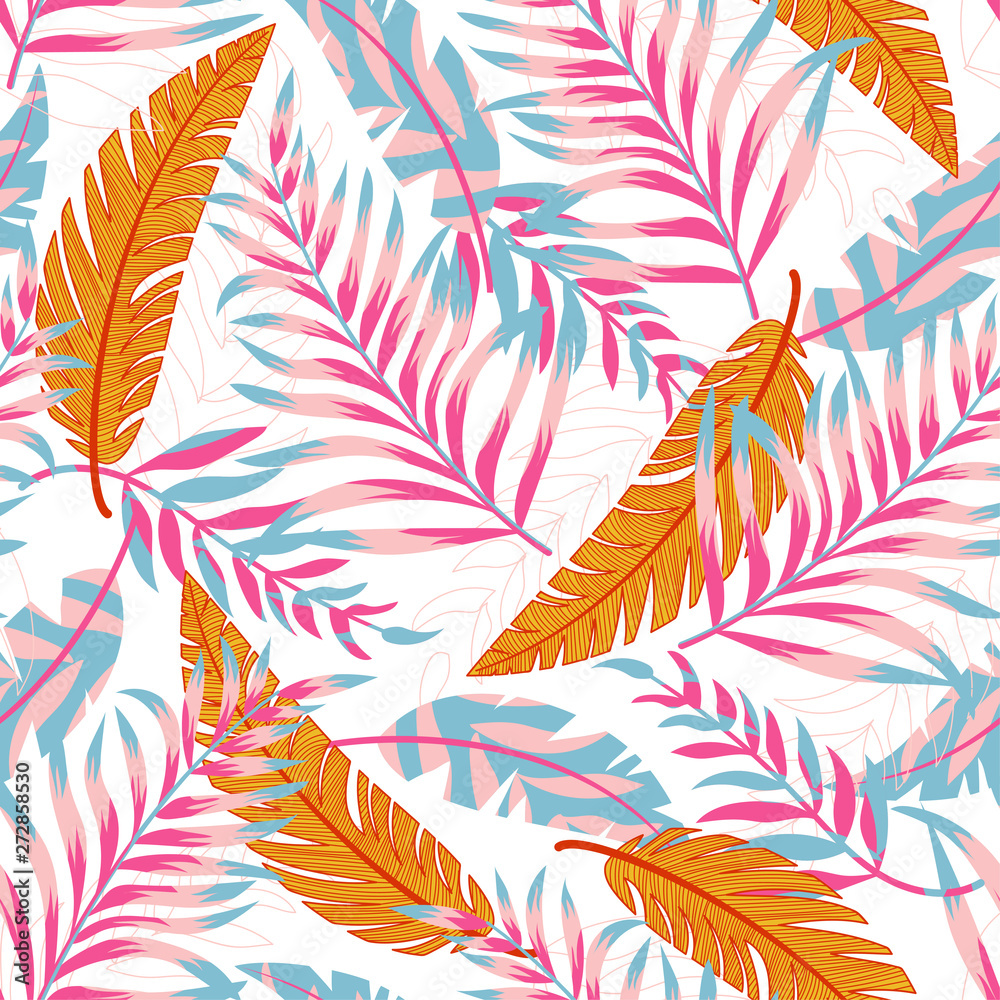 Fototapeta Summer trend seamless pattern with bright tropical leaves and plants on a white background. Vector design. Jung print. Floral background. Printing and textiles.