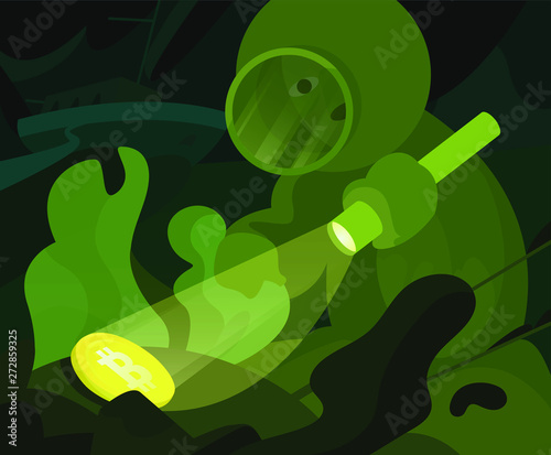 Diver in the suit found bitcoin at the bottom-Vector cryptocurrency concept