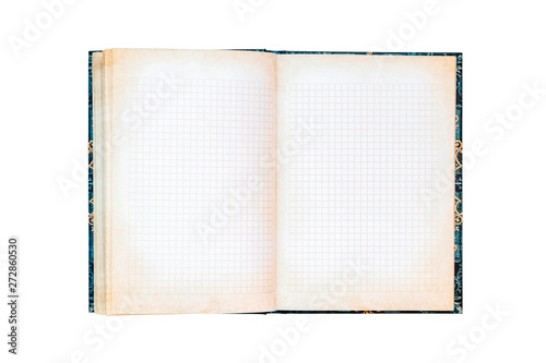 Open old notebook isolated on white background. Vintage notepad, book, paper, scrapbook, note. Copy space