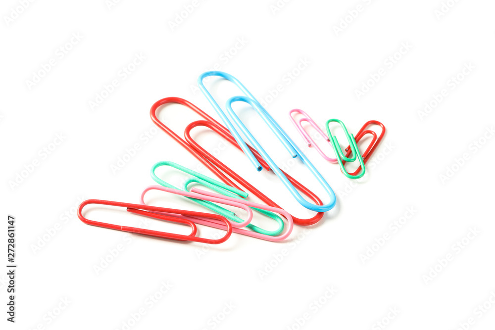 Color paper clips isolated on white background, closeup