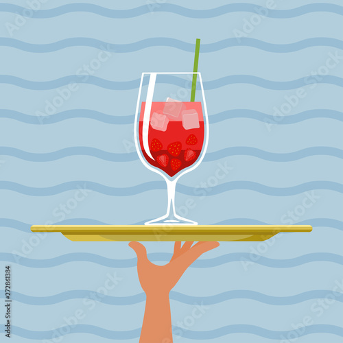 Cocktail multicolor with strawberry on tray on sea background