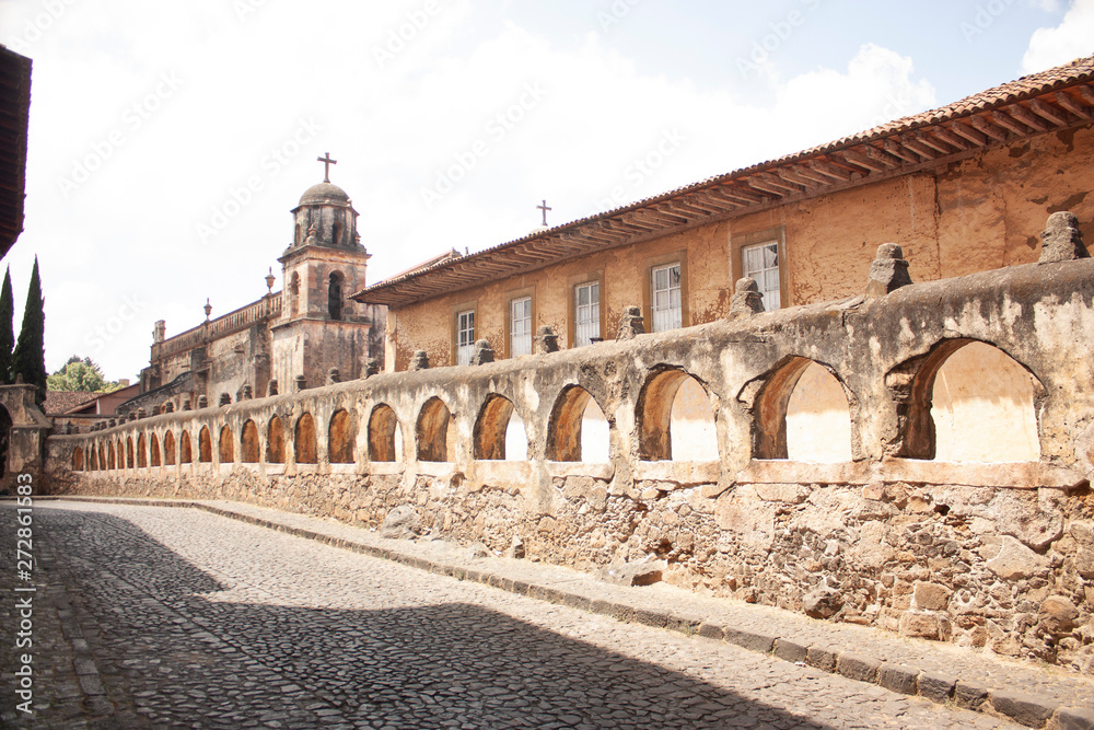  Typical cobblestone street in the town of Patzcuaro Mexico town with rustic and quiet touch