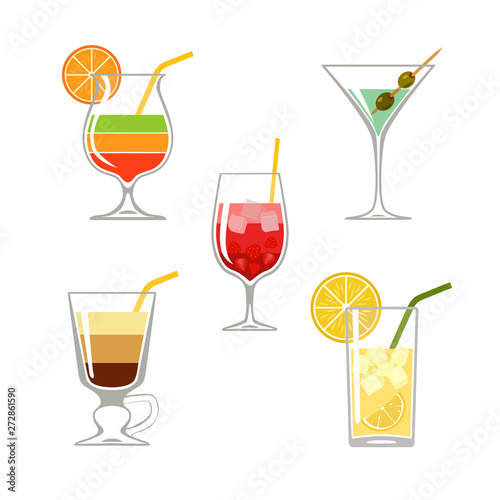 Set of cocktails with sliced fruits isolated on white background