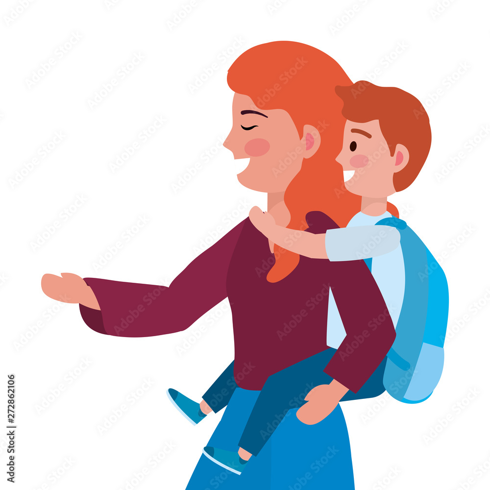 Mother and son going to school design