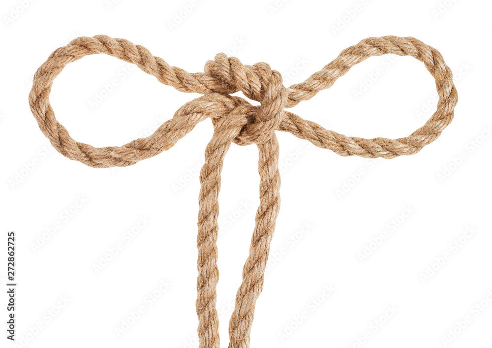 tom fool's knot tied on thick jute rope isolated