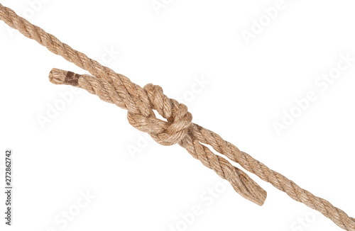 reef knot joining two ropes isolated on white