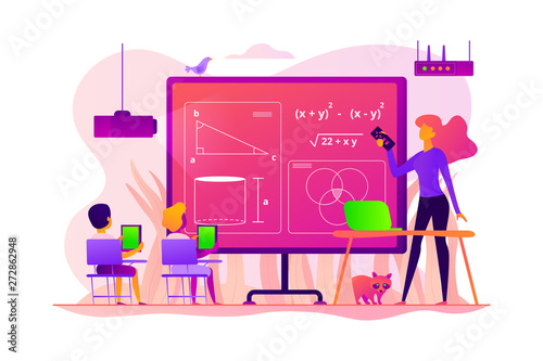 Kids studying mathematics in digital classroom with teacher, tiny people. Math lessons, digital maths laboratory, math tutoring classes concept. Vector isolated concept creative illustration.
