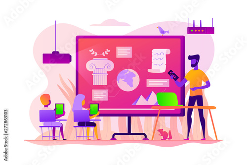 Kids with tablets studying historical events in classroom, tiny people. History lessons, history flipped class, history tutoring for kids concept. Vector isolated concept creative illustration.