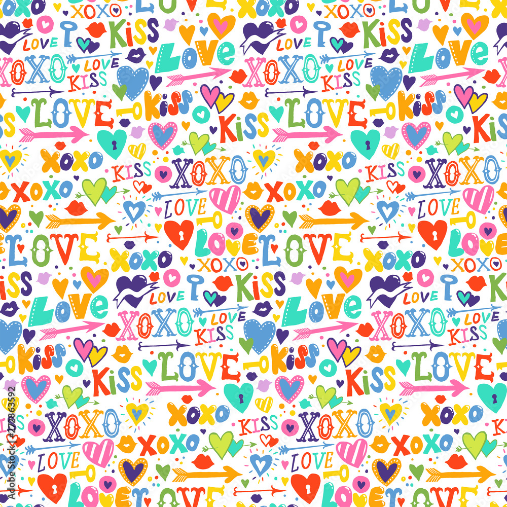 Doodle pattern with hand drawn hearts and words love Doodle pattern with hand drawn hearts and words love