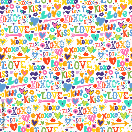 Doodle pattern with hand drawn hearts and words love