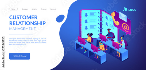 Customer service operators in headsets, phone and email contacts. Contact center, customer service point, customer relationship management concept. Isometric 3D website app landing web page template