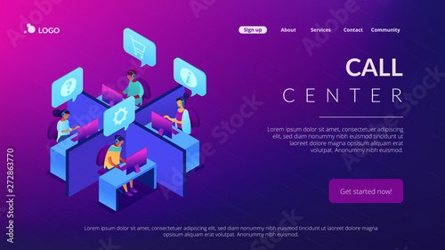 Customer service operators wearing headsets answering phones in the office. Call center, handling call system, virtual call center concept. Isometric 3D website app landing web page template