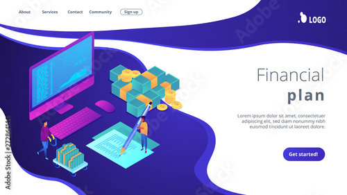Financial analyst with computer and pen calculating cash flow statement. Cash flow statement, cash flow management, financial plan concept. Isometric 3D website app landing web page template