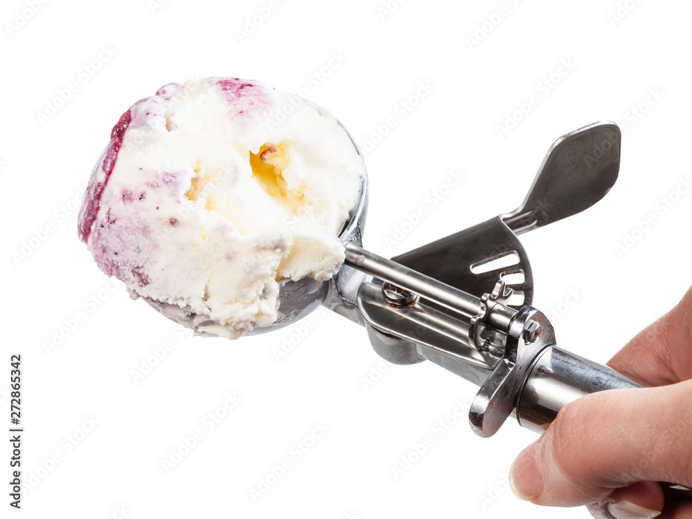 Fototapeta premium top view of disher scoop with ice cream isolated