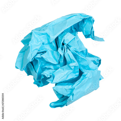 crumpled blue paper ball isolated on white