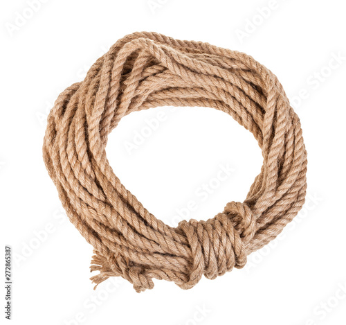 round bight of natural jute rope isolated on white