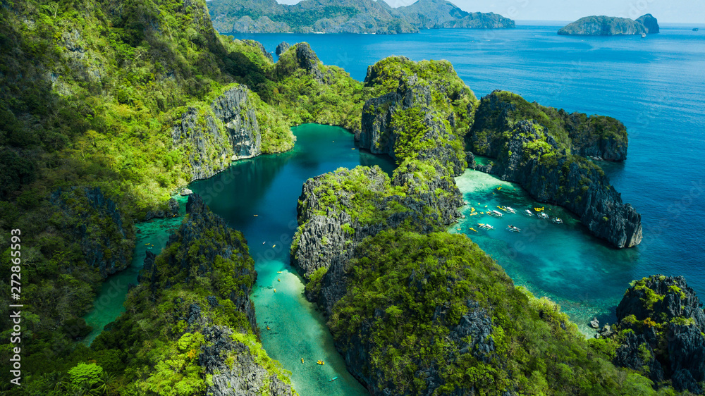 El Nido, Palawan, The Philippines. Aerial view of Big Lagoon, Small Lagoon and limestone cliffs