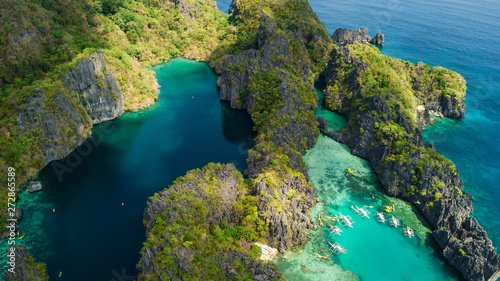 El Nido, Palawan, The Philippines. Aerial view of Big Lagoon, Small Lagoon and limestone cliffs