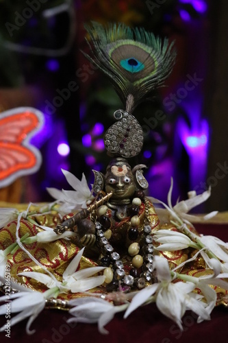 lord bal krishna statue with peacock feather
