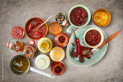 Canvas Print Assorted sauces, marinades and dressings for a BBQ