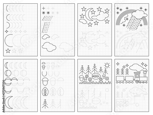 Set of black and white educational pages on square paper for kids. Printable worksheet for children textbook. Developing skills of counting, drawing, writing and tracing. Baby book. Back to school.